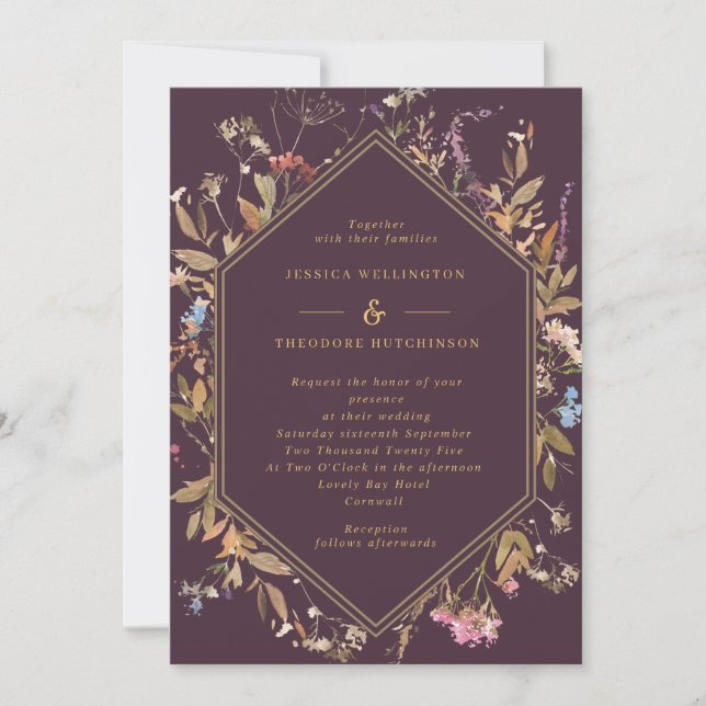 Invitación Eggplant Boho Wildflowers Gold Geo Frame Boda (Anverso)