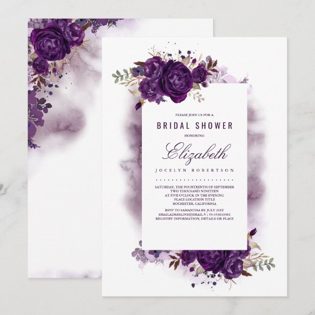 Invitación Eggplant Morple Floral Watercolor Británico Ducha (Anverso / Reverso)