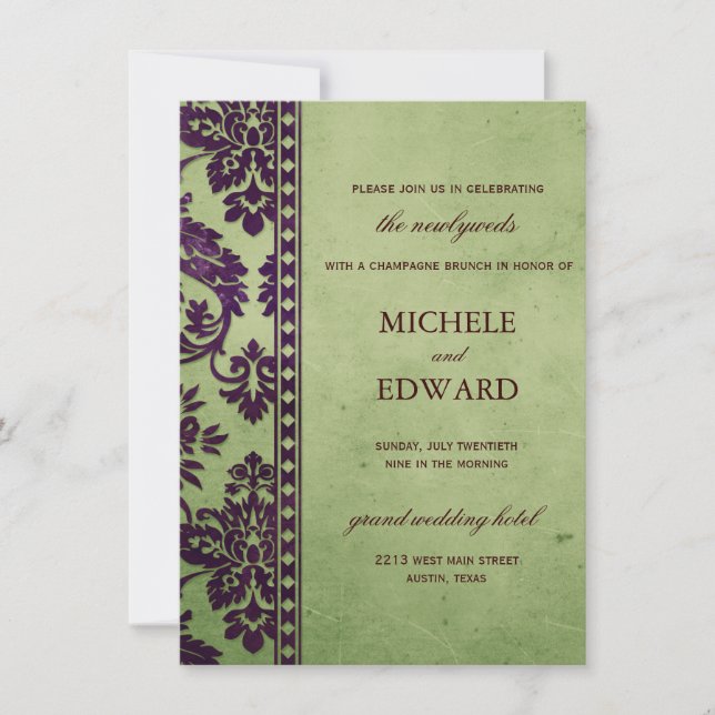 Invitación Eggplant & Olive Damask Lace Boda Brunch (Anverso)