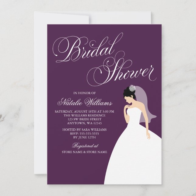 Invitación Eggplant Purple Boda Gown Bridal Shower (Anverso)