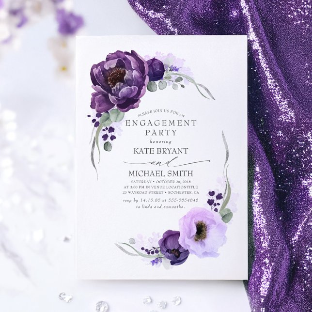 Invitación Eggplant Purple Floral Elegant Engagement Party (Dark Purple Floral Engagement Party Invitations)