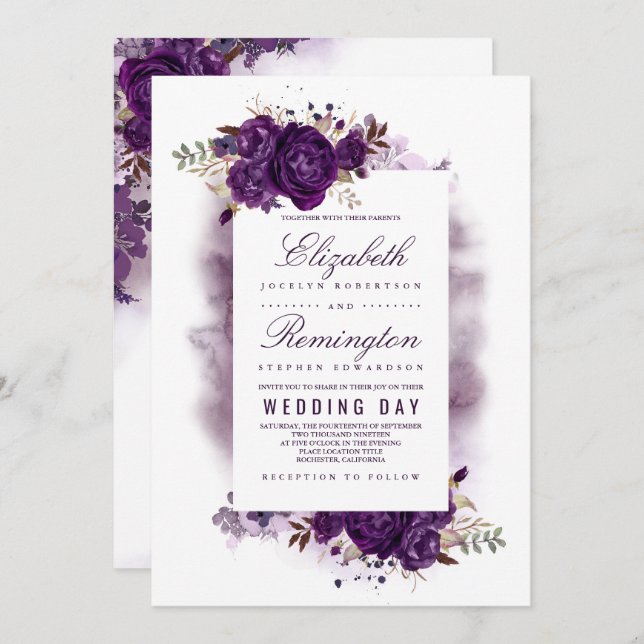 Invitación Eggplant Purple Floral Elegante Boda de acuarela (Anverso / Reverso)