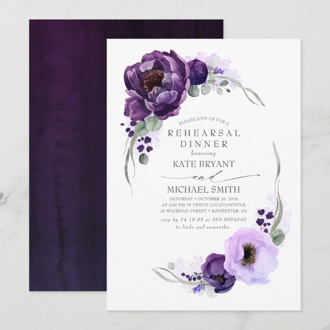 Invitación Eggplant Purple Floral Moderno Ensayo Cena (Anverso / Reverso)