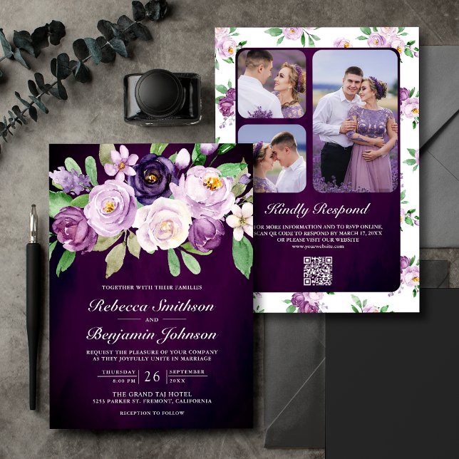 Invitación Eggplant Purple Floral QR Código Moody Boda oscuro (Subido por el creador)
