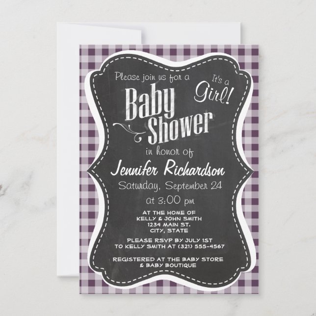 Invitación Eggplant Purple Gingham; apariencia de Chalkboard (Anverso)