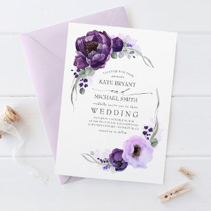 Invitación Eggplant Purple Peony y Greeneration Silver Boda