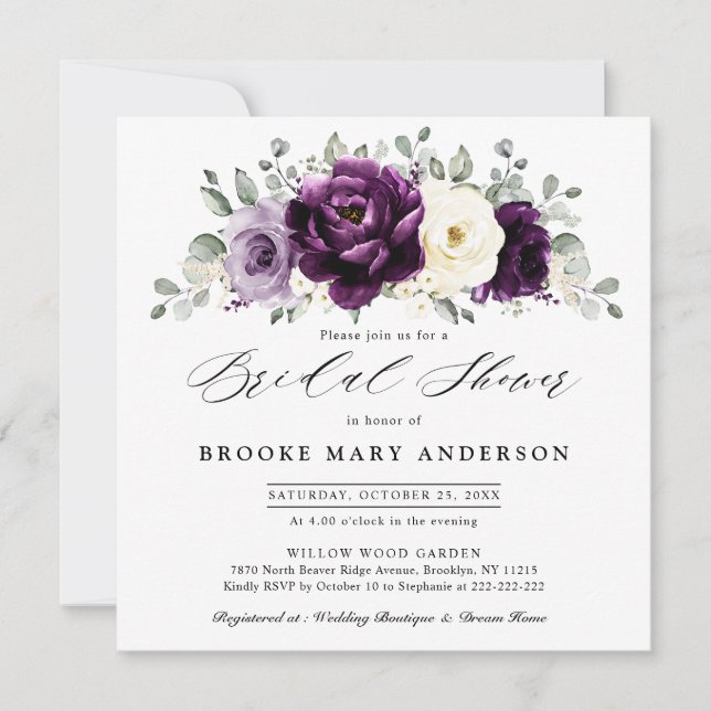 Invitación Eggplant Purple Plum Marfil White Bridal Shower (Anverso)