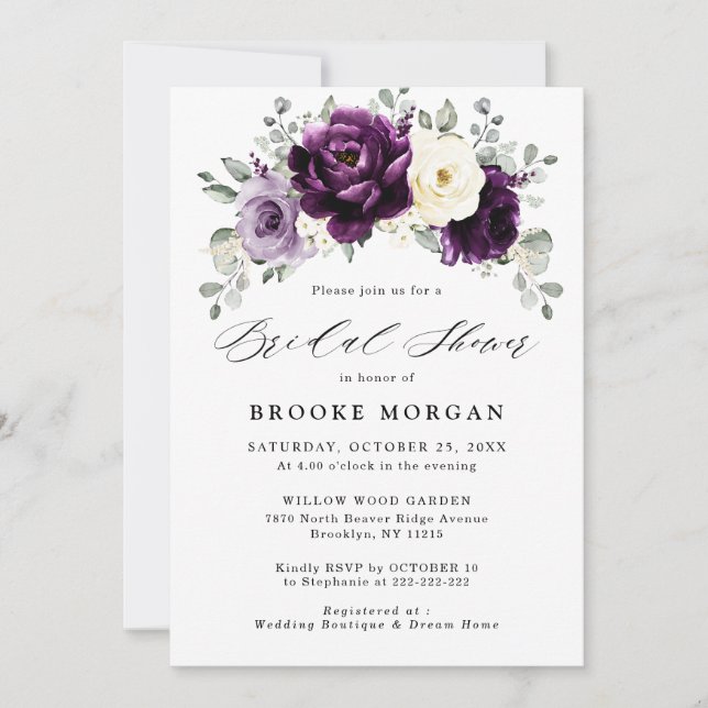 Invitación Eggplant Purple Plum Marfil White Bridal Shower (Anverso)