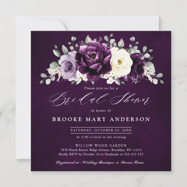 Invitación Eggplant Purple Plum Marfil White Bridal Shower In (Anverso)