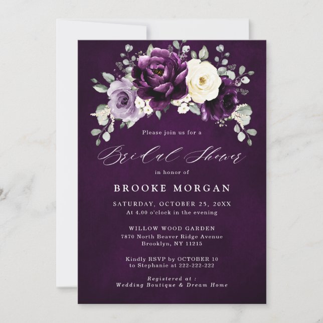 Invitación Eggplant Purple Plum Marfil White Bridal Shower In (Anverso)