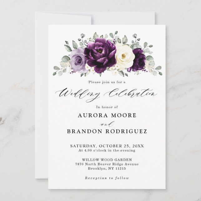 Invitación Eggplant Purple Plum Marfil White Floral Boda (Anverso)