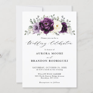 Invitación Eggplant Purple Plum Marfil White Floral Boda