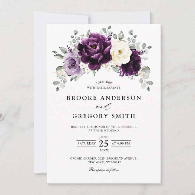 Invitación Eggplant Purple Plum Marfil White Floral Boda (Anverso)