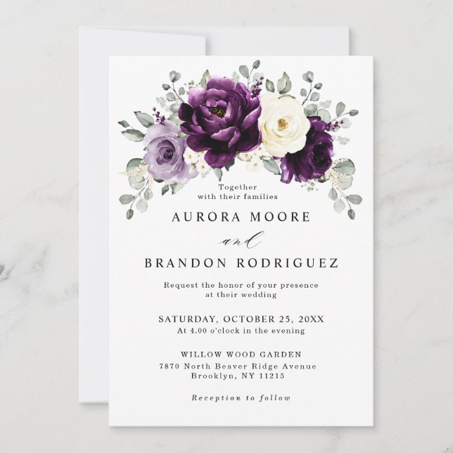 Invitación Eggplant Purple Plum Marfil White Floral Boda (Anverso)