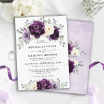 Invitación Eggplant Purple Plum Marfil White Floral Boda<br><div class="desc">La elegante invitación a bodas florales de mediados de verano incluye un ramo de rosas acuáticos peonías en tonos de ciruela violeta, marfil de champán, flores de salvia, exuberantes hojas de eucalipto botánico verde. Encontrará más diseños y variaciones de mi tienda "blissweddingpaperie". Y no dudes en ponerte en contacto conmigo...</div>