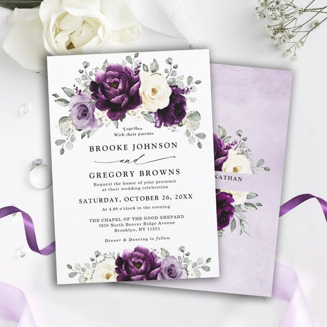 Invitación Eggplant Purple Plum Marfil White Floral Boda (Eggplant purple plum ivory floral wedding invitation)