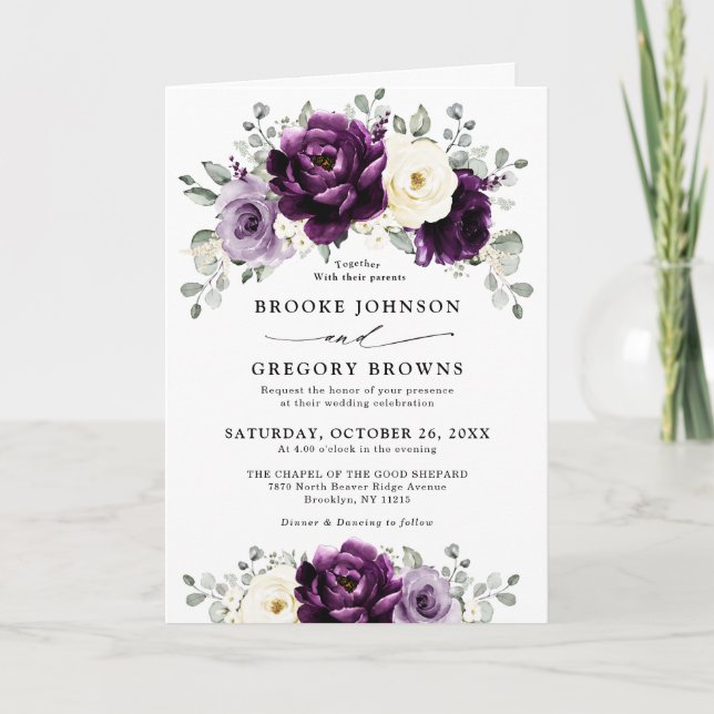 Invitación Eggplant Purple Plum Marfil White Floral Boda (Anverso)