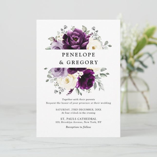 Invitación Eggplant Purple Plum Marfil White Floral Boda (Anverso de pie)