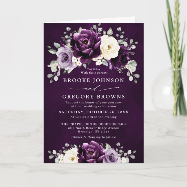 Invitación Eggplant Purple Plum Marfil White Floral Boda (Anverso)