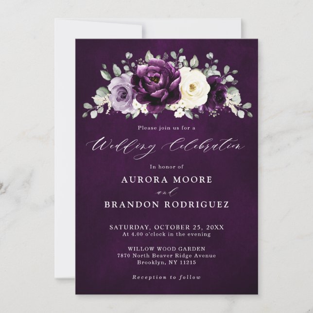 Invitación Eggplant Purple Plum Marfil White Floral Boda En (Anverso)
