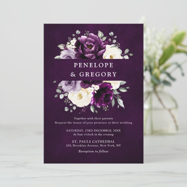 Invitación Eggplant Purple Plum Marfil White Floral Boda En (Anverso de pie)