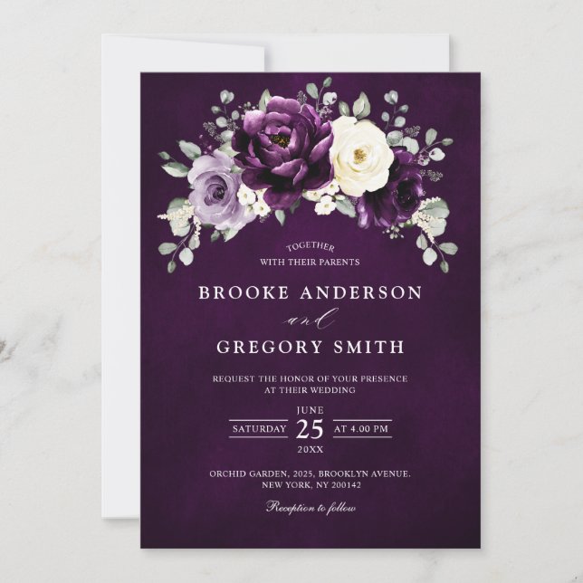 Invitación Eggplant Purple Plum Marfil White Floral Boda En (Anverso)