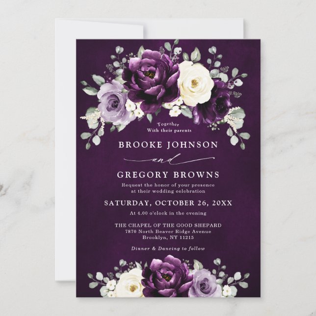 Invitación Eggplant Purple Plum Marfil White Floral Boda En (Anverso)