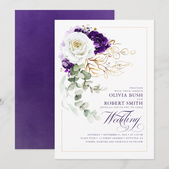 Invitación Eggplant Purple Royal Moda Boho Boda Floral (Anverso / Reverso)