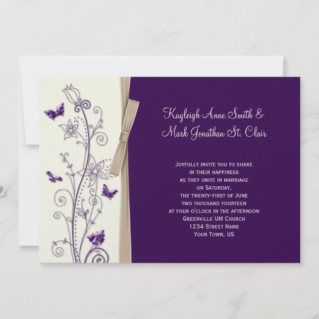 Invitación Eggplant Purple Tan Marfil Floral Butterflies (Anverso)