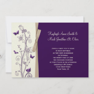 Invitación Eggplant Purple Tan Marfil Floral Butterflies