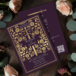 Invitación Eggplant Royal Medieval Gold Sword Wedding QR Code
