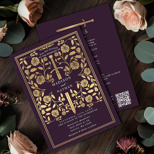 Invitación Eggplant Royal Medieval Gold Sword Wedding QR Code (Subido por el creador)