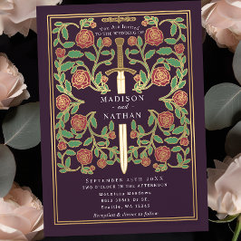 Invitación Eggplant Sword Floral Medieval Fantasy Wedding 
