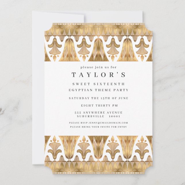 Invitación Egipto: Partido de cumpleaños de oro del Art Deco  (Anverso)
