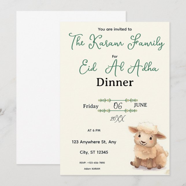 Invitación Eid  Al Adha Beige Cute Sheep Dinner  (Anverso / Reverso)