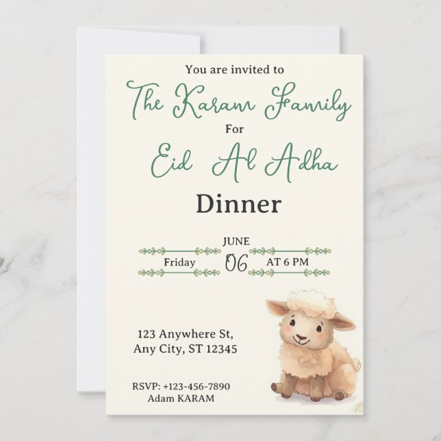 Invitación Eid Al Adha beige oveja linda fiesta (Anverso)