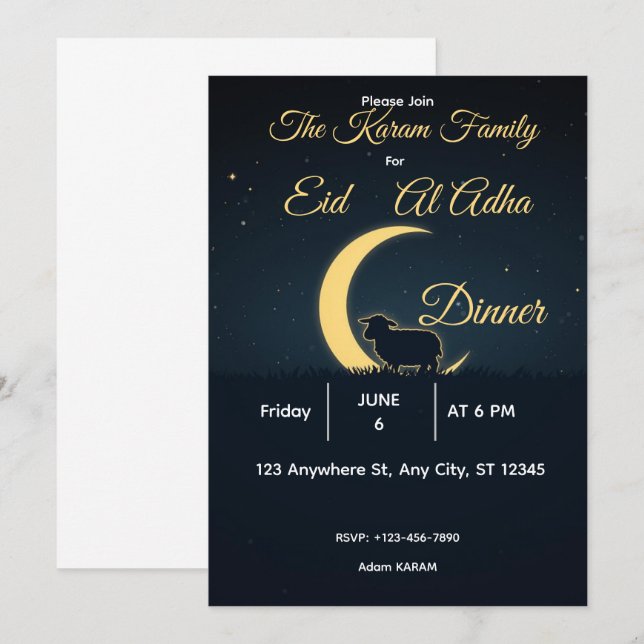 Invitación Eid  Al Adha Mubarak  Elegant Dinner inivtations (Anverso / Reverso)