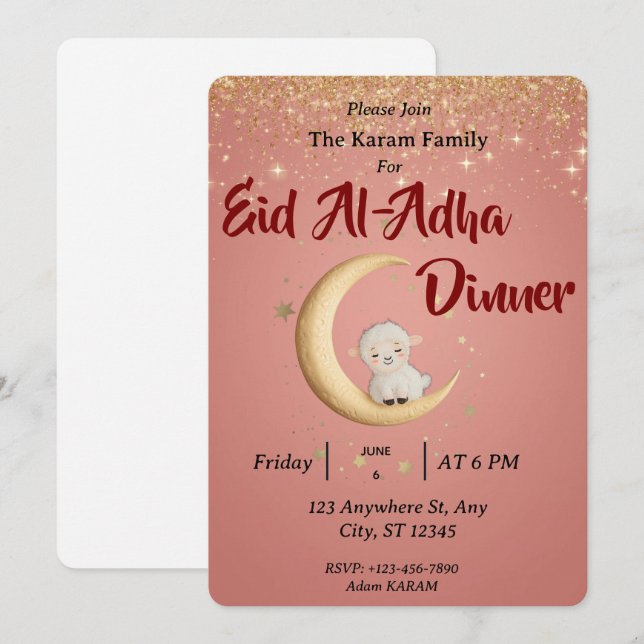 Invitación Eid  Al Adha Mubarak Pink Modern (Anverso / Reverso)