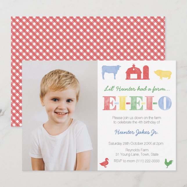 Invitación EIEIO Fiesta de Cumpleaños en la Granja de Old Mac (Anverso / Reverso)