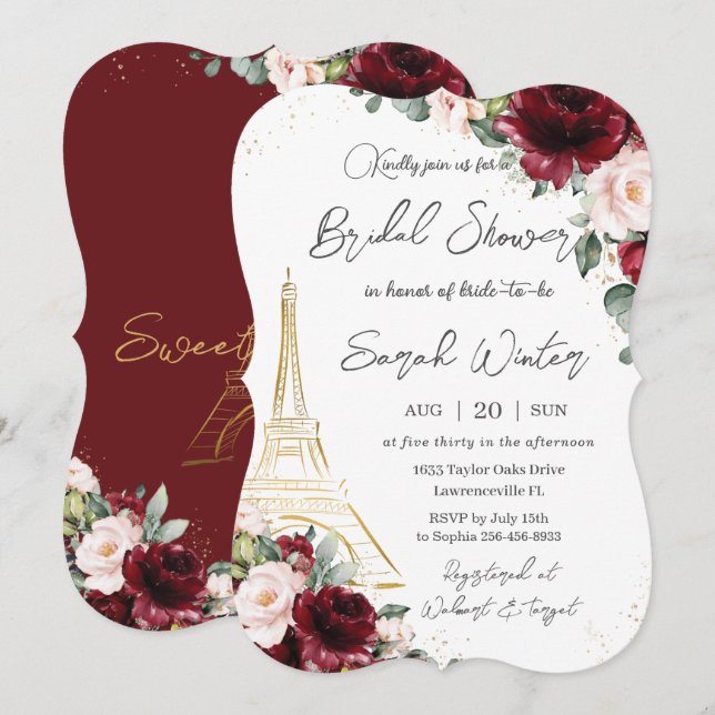 Invitación Eiffel Paris Bridal Shower Burgundy Rubor Floral (Anverso / Reverso)