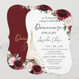 Invitación Eiffel Paris Quinceañera Burgundy Rubor Floral