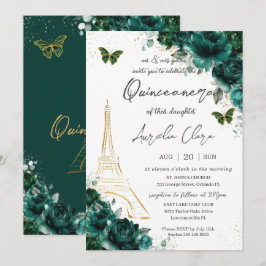 Invitación Eiffel Paris Quinceañera Emerald Green Floral