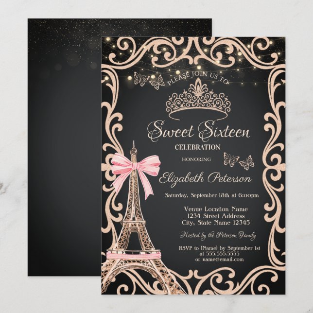 Invitación Eiffel Tower Bow Frame Dress Butterfly Sweet 16 (Anverso / Reverso)