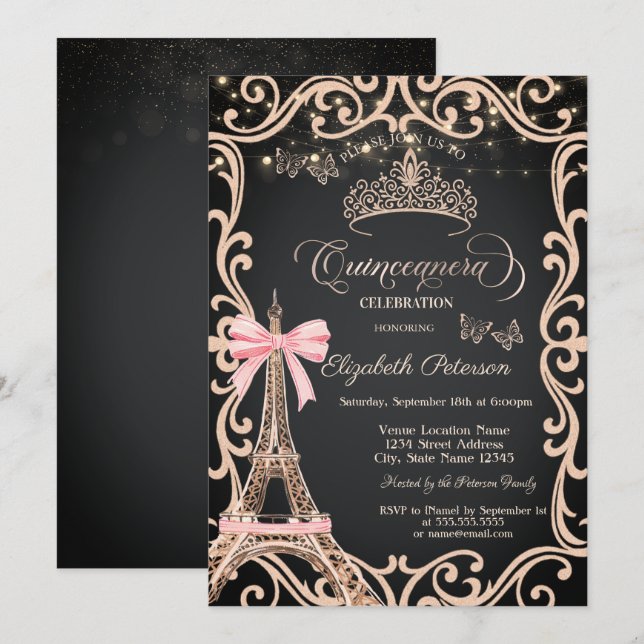 Invitación Eiffel Tower Bow Frame Dress Glitter Butterfly  (Anverso / Reverso)