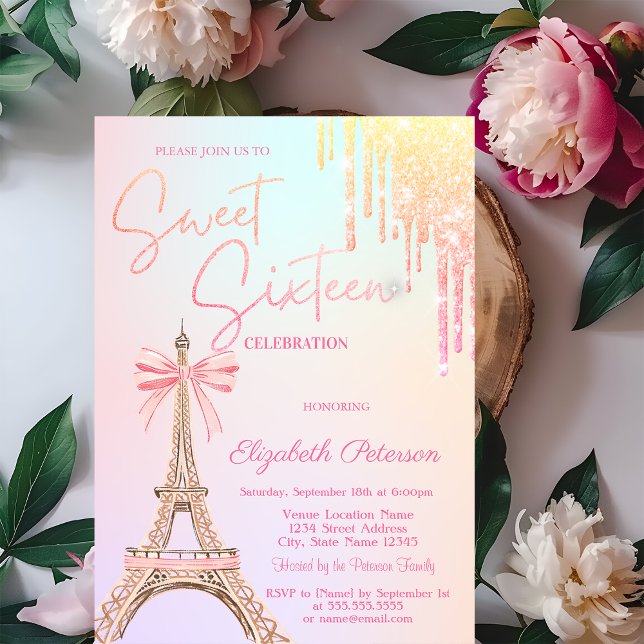 Invitación Eiffel Tower Bow Glitter Drips  Sweet 16   (Subido por el creador)