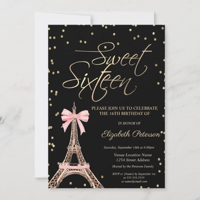 Invitación Eiffel Tower Bow Gold Diamonds Black Sweet 16  (Anverso)