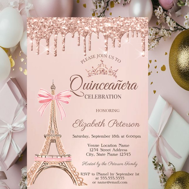 Invitación  Eiffel Tower,Bow Rose Gold Drips Quinceañera  (Subido por el creador)