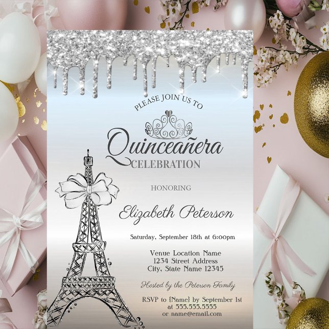 Invitación Eiffel Tower,Bow,Tiara,Drips Silver Quinceañera (Subido por el creador)
