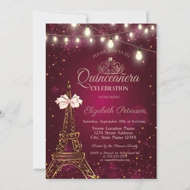Invitación  Eiffel Tower,Bow,Tiara Lights Red Quinceañera  (Anverso)