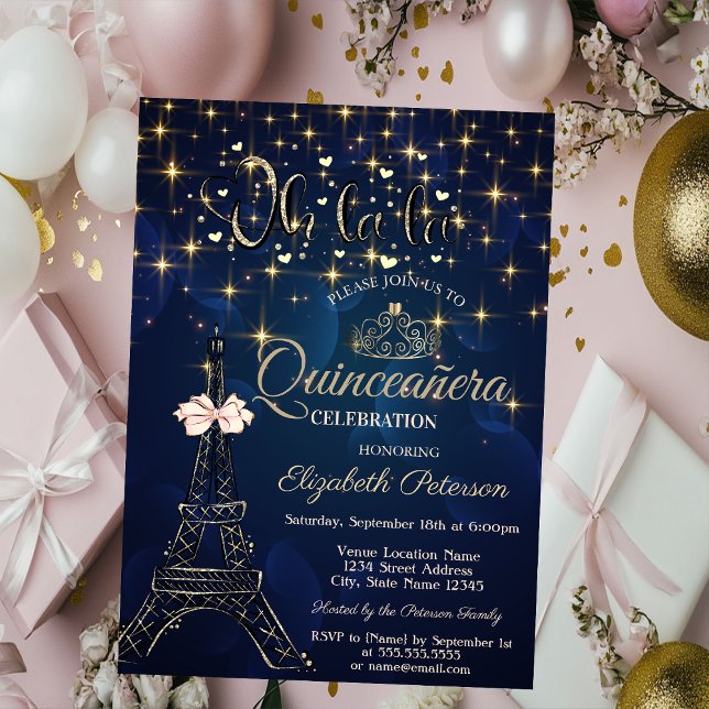 Invitación Eiffel Tower,Bow Tiara,Stars Navy Blue Quinceañera (Subido por el creador)